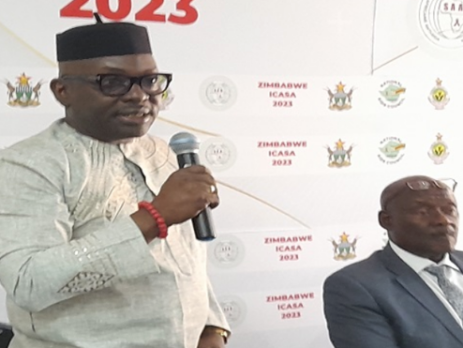 Mr Luc Armand Bodea, ICASA Director/SAA Coordinator, speaking at the launch of ICASA 2023 Call for Logo, Harare, Zimbabwe