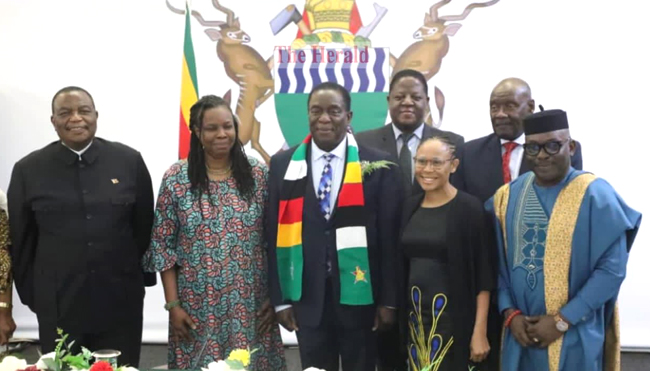 From left (Front): H.E. Dr. C. G.D.N. Chiwenga, Vice President and Minister of Health and Childcare/ICASA 2023 Vice President, Prof. Morenike Ukpong, SAA Treasurer, H.E. Emerson Mnangagwa, President of. Zimbabwe, Dr. Fikile Ndlovu, SAA Deputy Secretary General, Mr. Luc Armand Bodea, ICASA Director. From right (Back): Hon. Dr. David Pagwesese Parirenyatwa, SAA President/ICASA 2023 President and Air Commodore (Dr.) Jasper Chimedza, Permanent Secretary for Ministry of Health and Child Care, during the Signing of the ICASA 2023 MoU at the State House, Harare, Zimbabwe