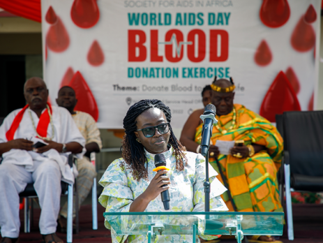 Dr. Dilys John-Teye giving a speech at blood donation exercise at the National Blood Bank Headquarters, Korle Bu