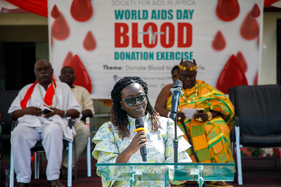 Dr. Dilys John-Teye giving a speech at blood donation exercise at the National Blood Bank Headquarters, Korle Bu