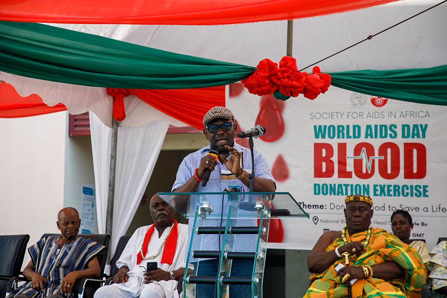 Mr. Luc Armand H. Bodea, ICASA Director/SAA Coordinator, giving his speech during the World AIDS Day Blood Donation Exercise at the National Blood Service Headquarters, Korle Bu, Accra