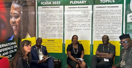 Figure 1 Barbara Castelnuovo and Andrew Kambugu of the Infectious Diseases Institute-Makerere University Uganda; Nomathemba Chandiwana of Ezintsha, the University of the Witwatersrand, South Africa; Kwasi Torpey, University of Ghana and Mr. Luc Armand Bodea, (ICASA Director) of the Society for AIDS in Africa during the first meeting on Healthy Ageing for people living with HIV at the INTEREST conference in Maputo.