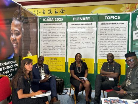 Figure 1 Barbara Castelnuovo and Andrew Kambugu of the Infectious Diseases Institute-Makerere University Uganda; Nomathemba Chandiwana of Ezintsha, the University of the Witwatersrand, South Africa; Kwasi Torpey, University of Ghana and Mr. Luc Armand Bodea, (ICASA Director) of the Society for AIDS in Africa during the first meeting on Healthy Ageing for people living with HIV at the INTEREST conference in Maputo.