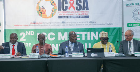 Dr David Pagwesese Parirenyatwa (middle), President, ICASA, addressing the meeting. With him are Prof. Mohamed Chakroun (right), Vice -President, ICASA; Luc Armand H. Bodea (2nd from right), Director of ICASA, and other dignitaries.
