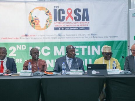 Dr David Pagwesese Parirenyatwa (middle), President, ICASA, addressing the meeting. With him are Prof. Mohamed Chakroun (right), Vice -President, ICASA; Luc Armand H. Bodea (2nd from right), Director of ICASA, and other dignitaries.