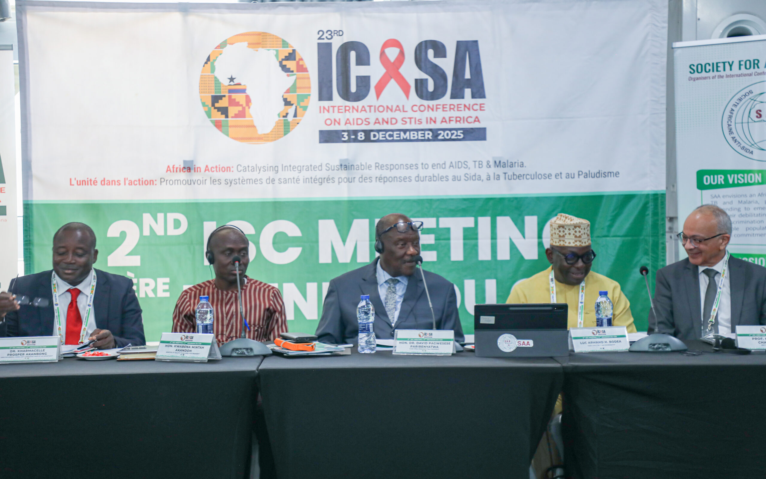 Dr David Pagwesese Parirenyatwa (middle), President, ICASA, addressing the meeting. With him are Prof. Mohamed Chakroun (right), Vice -President, ICASA; Luc Armand H. Bodea (2nd from right), Director of ICASA, and other dignitaries.