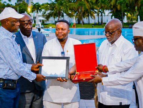 From left, Dr. Richard Nchabi Kamwi (New SAA President), Hon. Dr. David Pagewese Parirenyatwa (Outgoing SAA President), Prof. Robert Soudre (Past SAA President) and Mr. Luc Bodea (SAA/ICASA Director) presenting an award to Mr. Chris Nuatro (Senior Marketing & Partnership Officer).