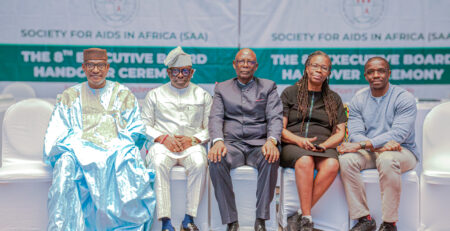 From Left: Dr. Aliou Sylla, SAA Treasurer, Mr. Luc Armand Bodea, ICASA Director, Hon. Dr. Richard Nchabi Kamwi, SAA President, Prof. Morenike Ukpong, SAA Board member and Dr. Avelin Aghokeng Farang, Deputy Secretary General