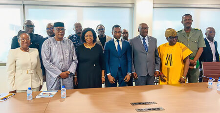 Ministry of Health of Benin: ICASA 2027 Host country evaluation. From left to right, the fourth to sixth individuals are: Prof. Benjamin Ignace Bodounrin Hounkpatin, Minister of Health of the Republic of Benin; Dr. David P. Parirenyatwa, former President of the Society for AIDS in Africa (SAA); and Mr. Luc A. H. Bodea, ICASA Director. The first three individuals on the far left, from left to right, are: Dr. Anita Wadagni, Dr. Aliou Sylla, and Dr. Valentine Kiki Medegan Fagla. On the far right is Dr. Alain Azondekon.