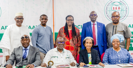 Group Photo of SAA Executive Board Members (from Left: Dr. Aliou Sylla, Treasruer; Dr. Avelin Aghokeng Fobang, Deputy Secretary-General; Prof. Morenike O. Ukpong, Member, Hon. Dr. Dr. Nchabi Richard Kamwi, SAA President, and Dr. Djoualdbaye Benjamin, Member) and SAA Board of Trustees (from left: Hon. Dr. David Pagwesese Parirenyatwa, Prof. Robert Soudre, Dr. Meskerem Grunitzky and Prof. Sheila Tlou)