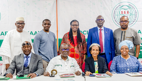 Group Photo of SAA Executive Board Members (from Left: Dr. Aliou Sylla, Treasruer; Dr. Avelin Aghokeng Fobang, Deputy Secretary-General; Prof. Morenike O. Ukpong, Member, Hon. Dr. Dr. Nchabi Richard Kamwi, SAA President, and Dr. Djoualdbaye Benjamin, Member) and SAA Board of Trustees (from left: Hon. Dr. David Pagwesese Parirenyatwa, Prof. Robert Soudre, Dr. Meskerem Grunitzky and Prof. Sheila Tlou)