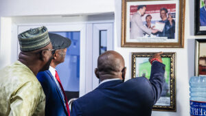 Hon. Dr. Nchabi Richard Kamwi, SAA/ICASA 2027 President and Dr. Aliou Sylla, SAA Executive Treasurer visits the SAA Permanent Secretariat touring the office with Mr. Luc Armand H. Bodea, ICASA Director