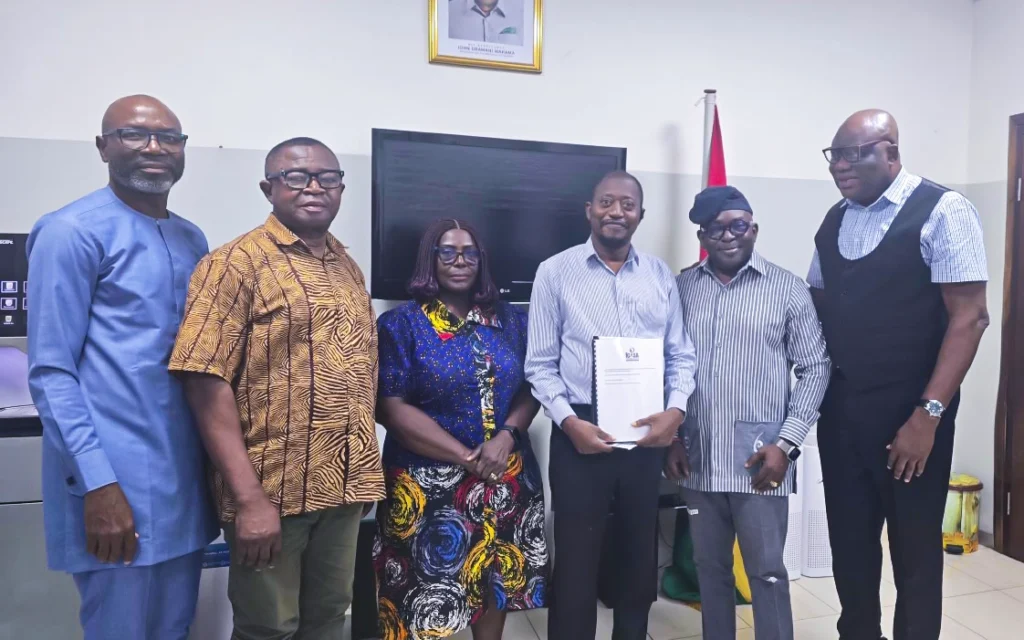 From left to right Mr. Zakaria Yussif-Nupaya (Board Secretary – GAC), Mr. Charles Oduro (Acting Director of Administration - GAC), Madam Josephine Oppong-Adusah (Executive Assistant -GAC), Dr. Fred Nana Poku (Director of Technical Services - GAC), Mr. Luc Armand H. Bodea (ICASA Director/SAA Coordinator) and Mr. Isaiah Doe Kwao (Director of Research, Monitoring, and Evaluation – GAC)